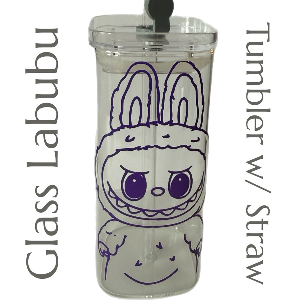 Glass Labubu Tumbler with‎ Straw - Purple